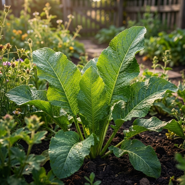 Horseradish (Armoracia rusticana) features large green leaves and is a fast-growing herb that thrives in sunny gardens, flourishing among other plants.