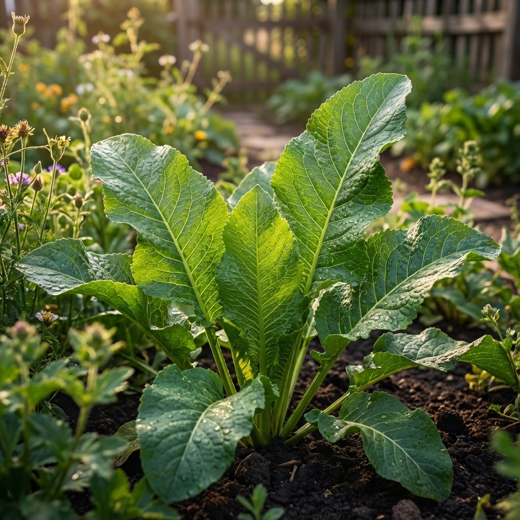 Horseradish - Armoracia rusticana is a fast-growing green herb that thrives in sunny garden beds alongside other plants, producing fresh, pungent roots.
