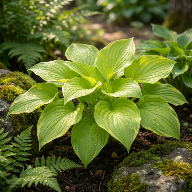 A vibrant green Guacamole Hosta - Hosta plantaginea 'Guacamole' with dewdrops on its leaves, surrounded by moss and ferns in a shade-tolerant garden.