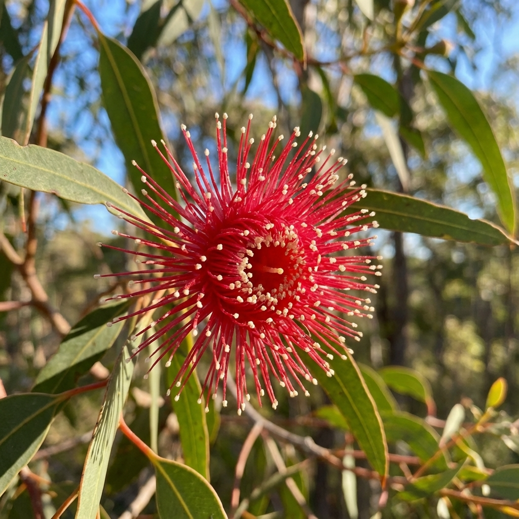 A vibrant red, spiky Eucalyptus erythronema 'Hot Threads' flower stands out against green leaves and blurred background—an eye-catching highlight of the compact Hot Threads Mallee.