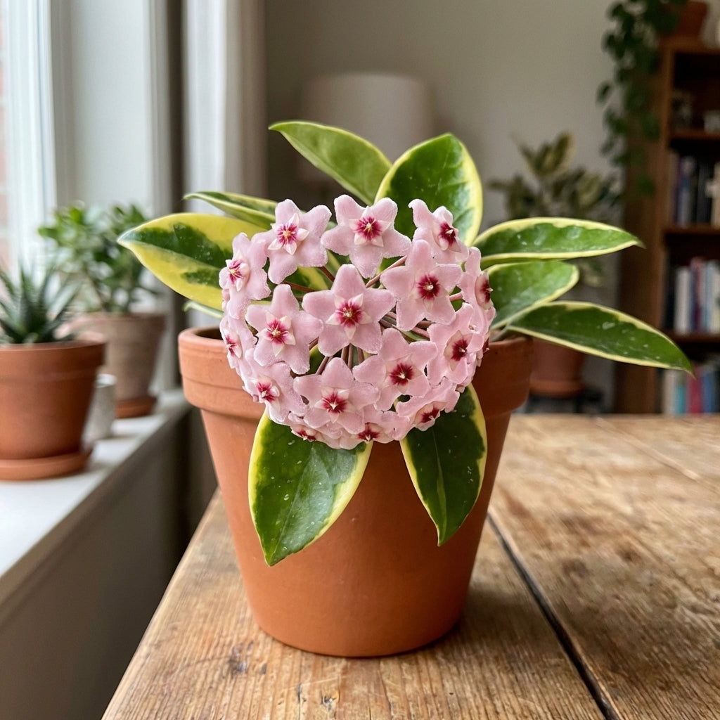 A potted Hoya carnosa Krimson Queen sits on a wooden table near a sunlit window, showcasing its striking variegated foliage and making an elegant indoor display.
