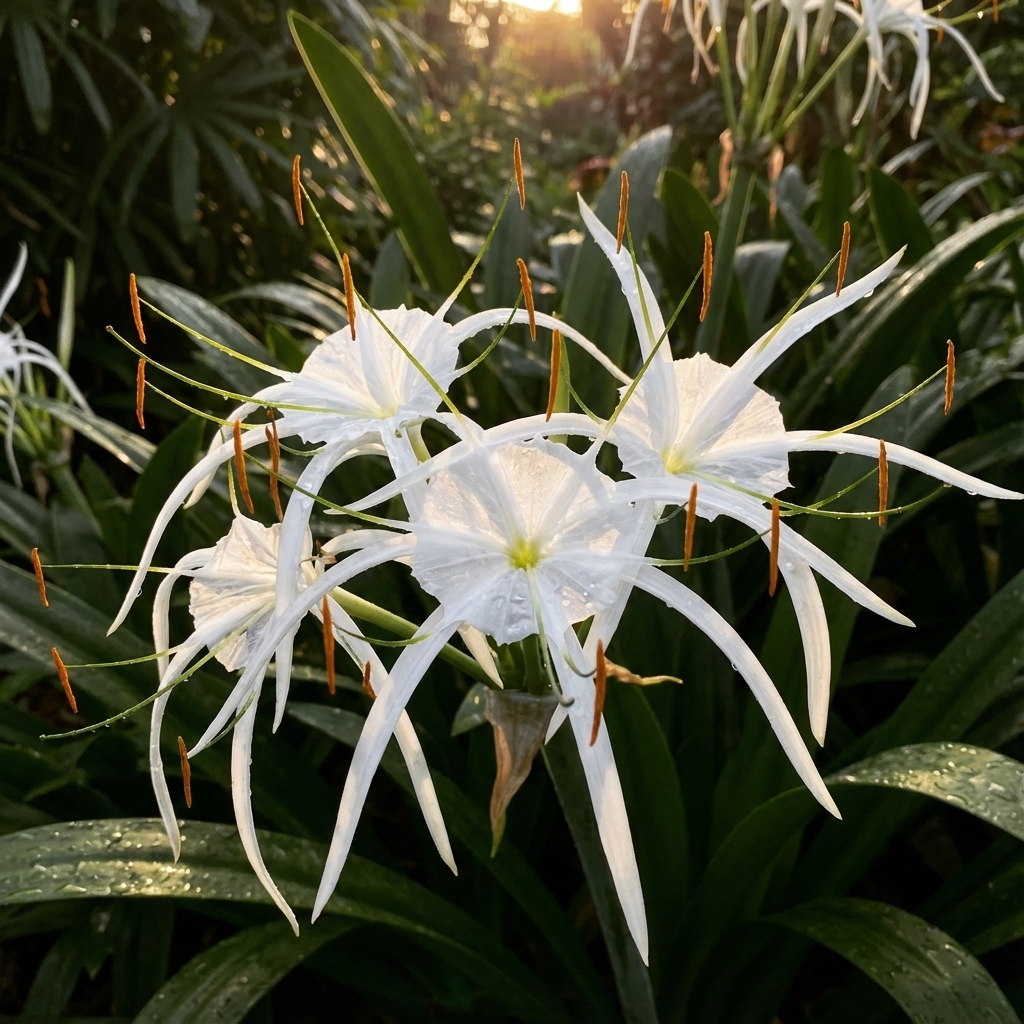 The Eucharis Spider Lily (Hymenocallis eucharidifolia) displays fragrant white flowers with long, narrow petals and orange stamens among green leaves. Ideal as an indoor houseplant, it brings elegance and beauty to any space.