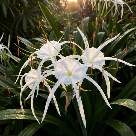 The Eucharis Spider Lily (Hymenocallis eucharidifolia) displays fragrant white flowers with long, narrow petals and orange stamens among green leaves. Ideal as an indoor houseplant, it brings elegance and beauty to any space.