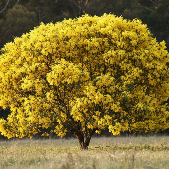 A Golden Wattle - Acacia pycnantha stands alone in a grassy field, its bright yellow blossoms forming a striking contrast against the forest backdrop.