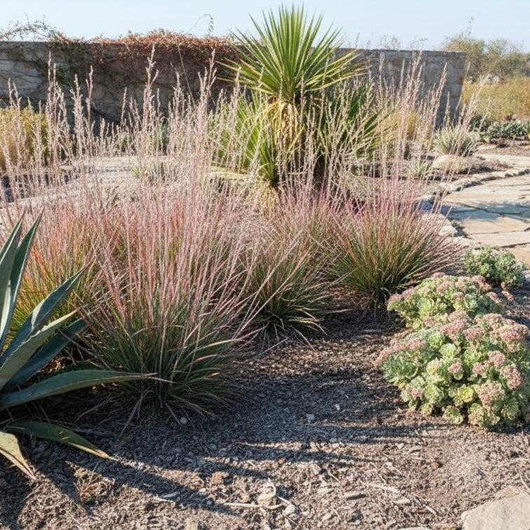 Create a drought-tolerant garden with ornamental grass such as Little Bluestem Grass - Schizachyrium ‘Standing Ovation’, along with succulents and desert plants that thrive in dry soil.
