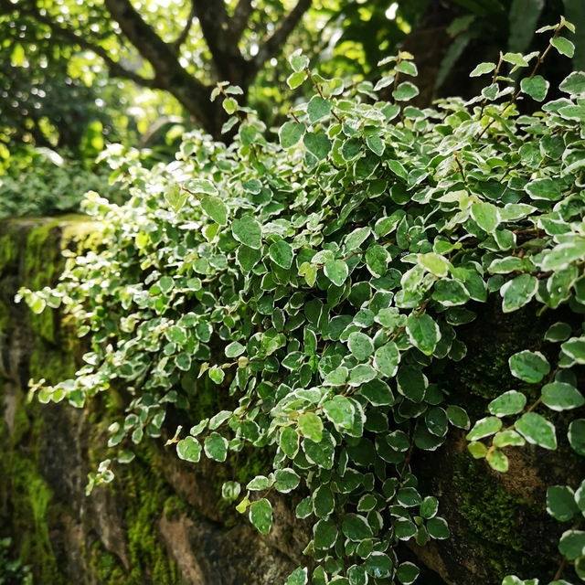 The Ice Caps Variegated Creeping Fig (Ficus pumila 'Ice Caps') features small leaves and thrives as an attractive evergreen ground cover over mossy stone walls in sunlit gardens.