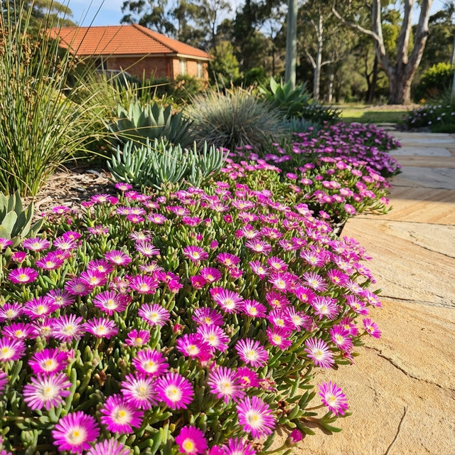 Purple, white, and hot pink flowers border a stone path in a sunlit garden with lush greenery and a house in the background, featuring drought-tolerant Ice Plant - Delosperma ‘Suntropics Hot Pink’.