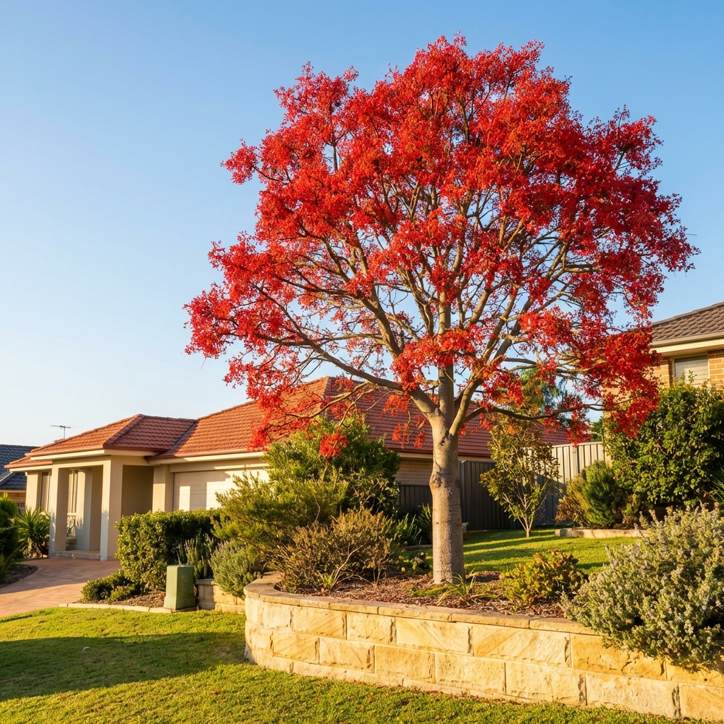 An Illawarra Flame Tree (Brachychiton acerifolius), an Australian native, displays vibrant red blooms in a suburban front yard, surrounded by houses and green lawn beneath a clear blue sky.