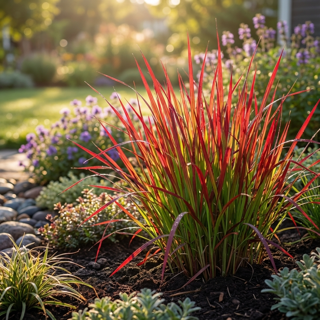 Japanese Blood Grass - Imperata Rubra features striking red-tipped foliage that glows in the sunlight, creating a vivid contrast among lush green plants and vibrant purple flowers in the garden.
