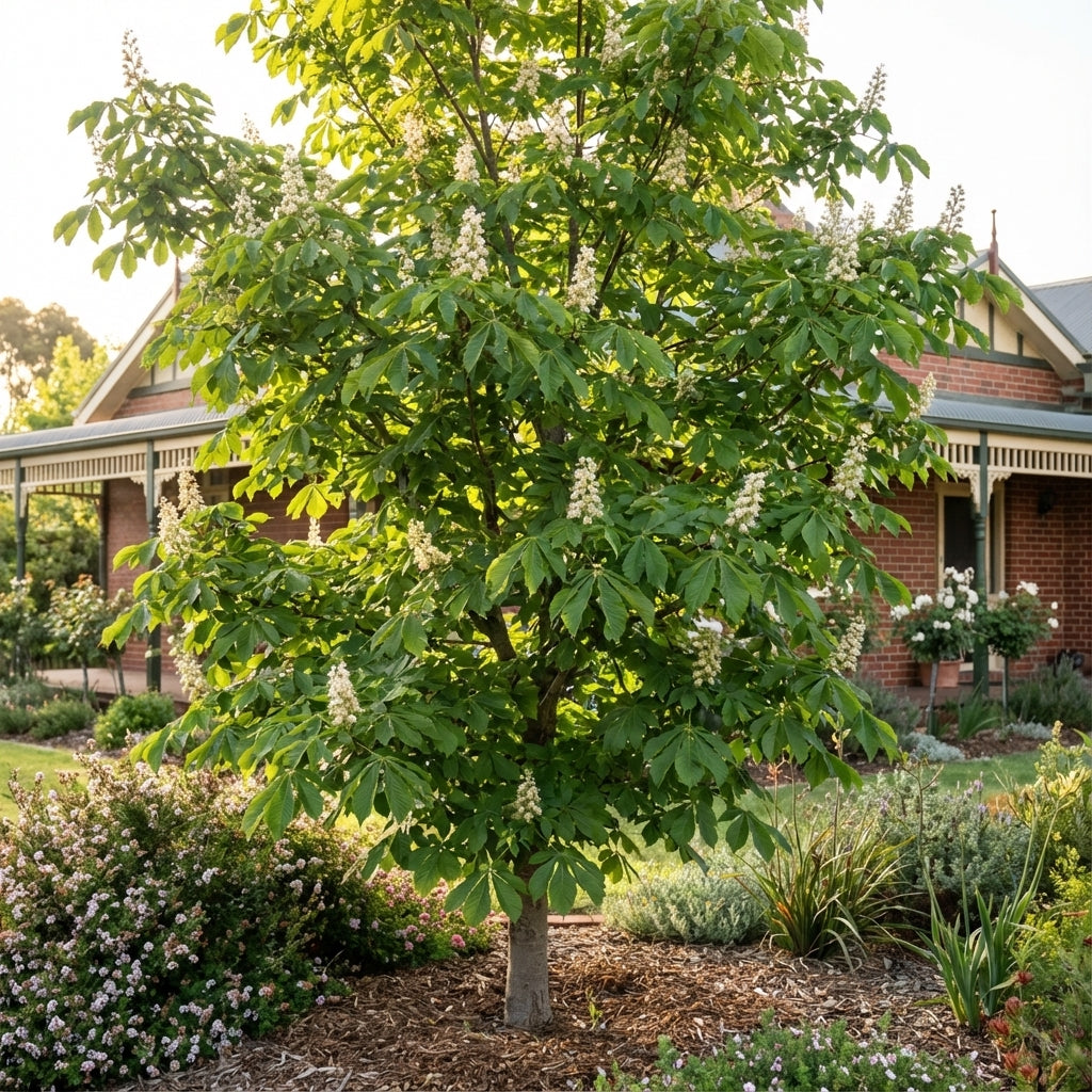 An Indian Horse Chestnut - Aesculus indica, with lush leaves and white blooms, grows in a garden with a brick house in the background.