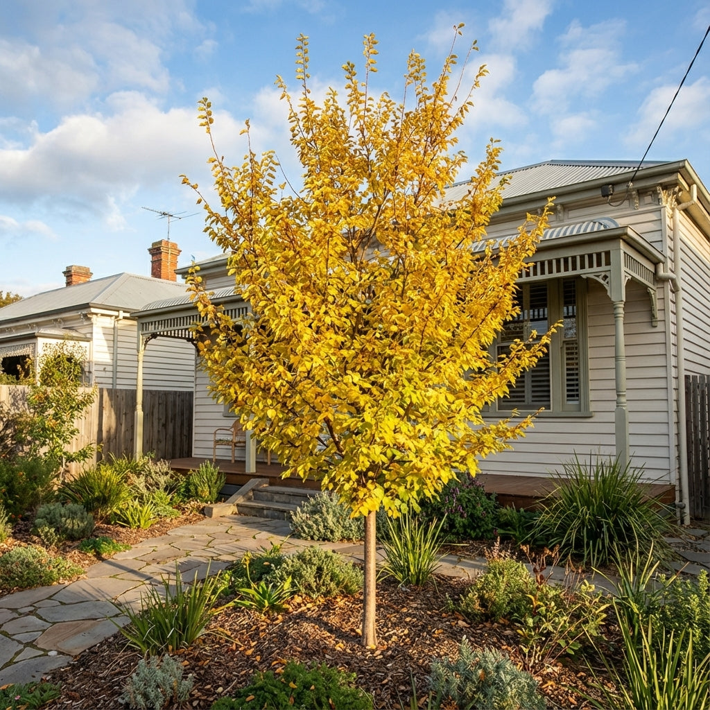 The Inspire Chinese Elm (Ulmus parvifolia ‘Inspire’) features bright yellow leaves and makes a striking landscape performer in front of a white house with a garden path.