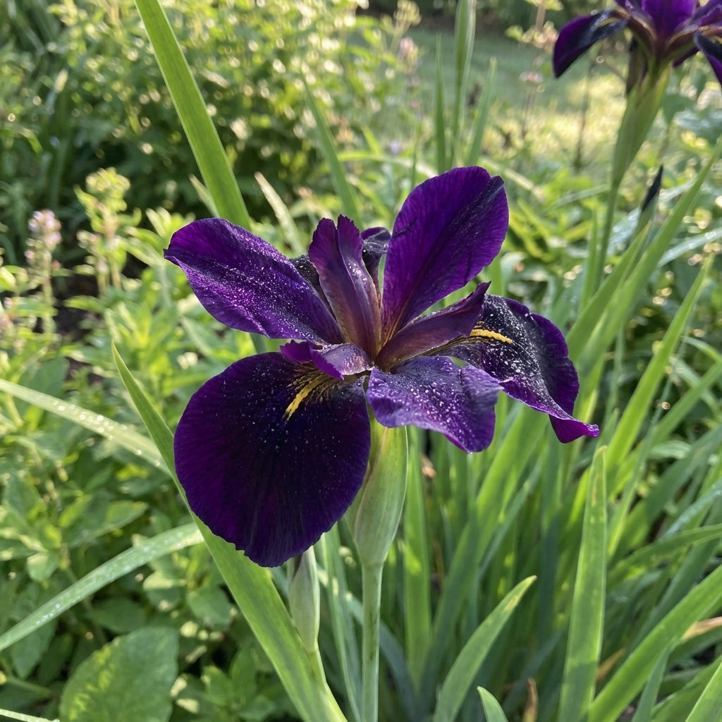 A deep purple Iris Louisiana ‘Black Gamecock’ flower with dewdrops, surrounded by green leaves and plants in sunlight.