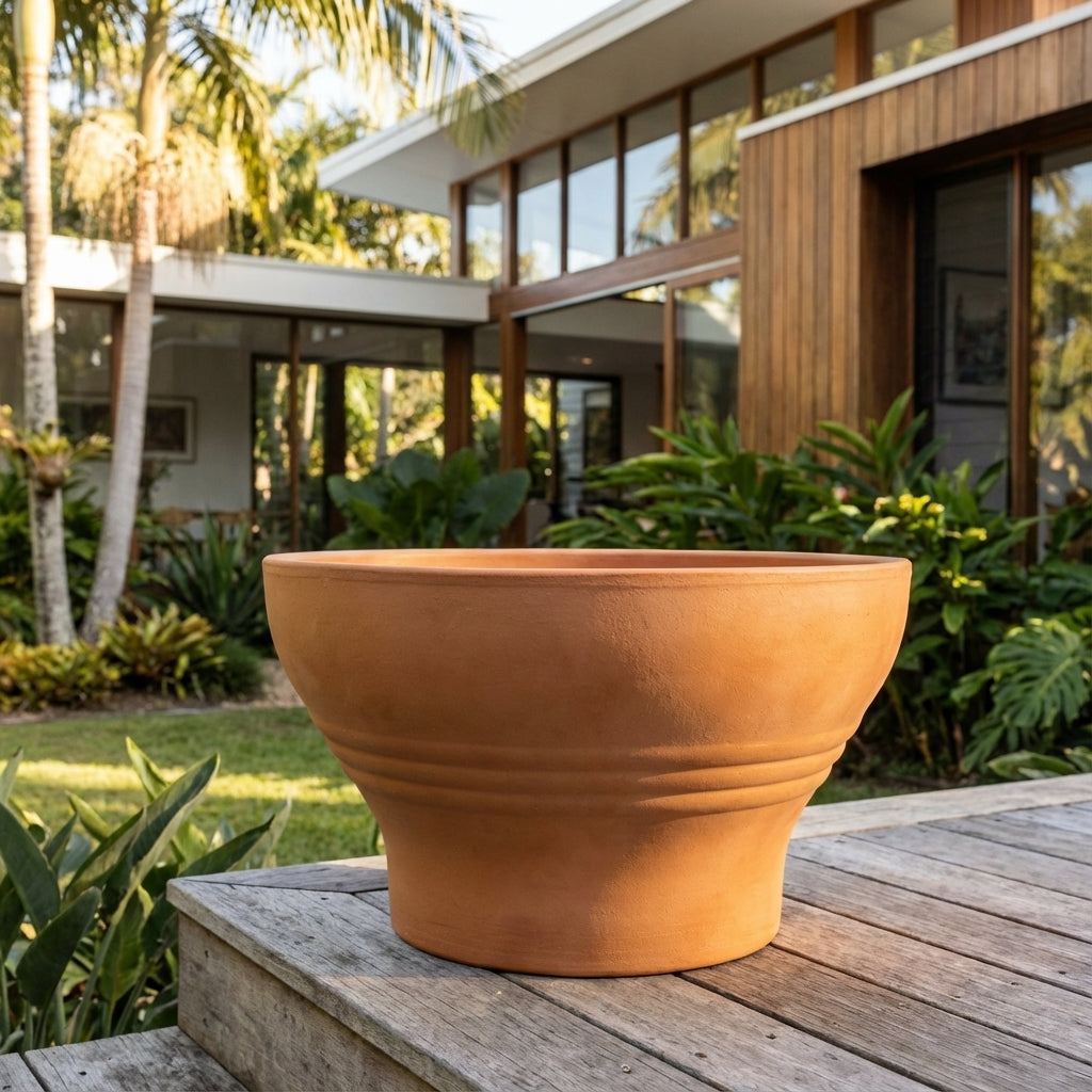 An Italian Florentine Terracotta Pot (various sizes available) sits empty on a wooden deck in a lush garden beside a modern house.