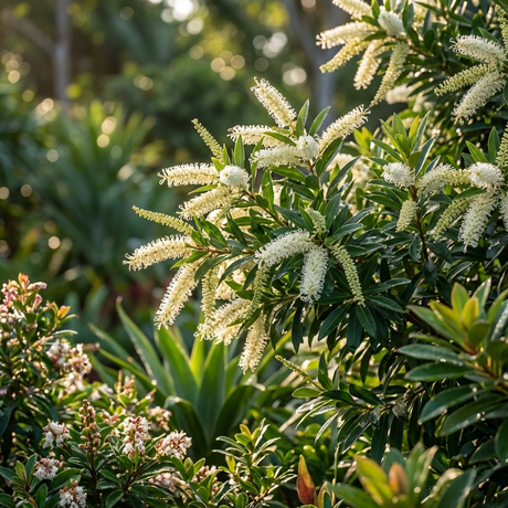Sunlit green shrubs with clusters of small, white, spiky flowers bloom in a lush garden, highlighting the beauty of the Ivory Curl Tree - Buckinghamia celsissima, an elegant evergreen Australian native.