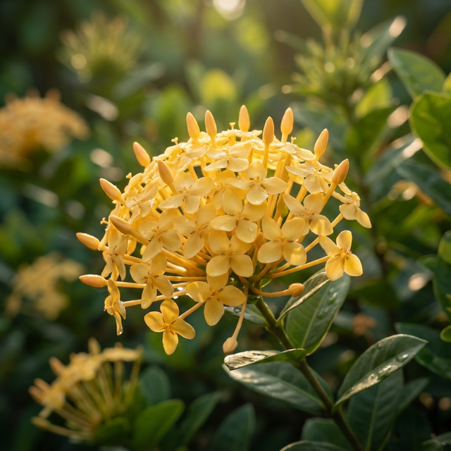 Clusters of golden-yellow Ixora ‘Gold Malay’ (Ixora coccinea ‘Gold Malay’) blooms brighten green foliage in sunlight, highlighting the tropical beauty of this evergreen shrub.