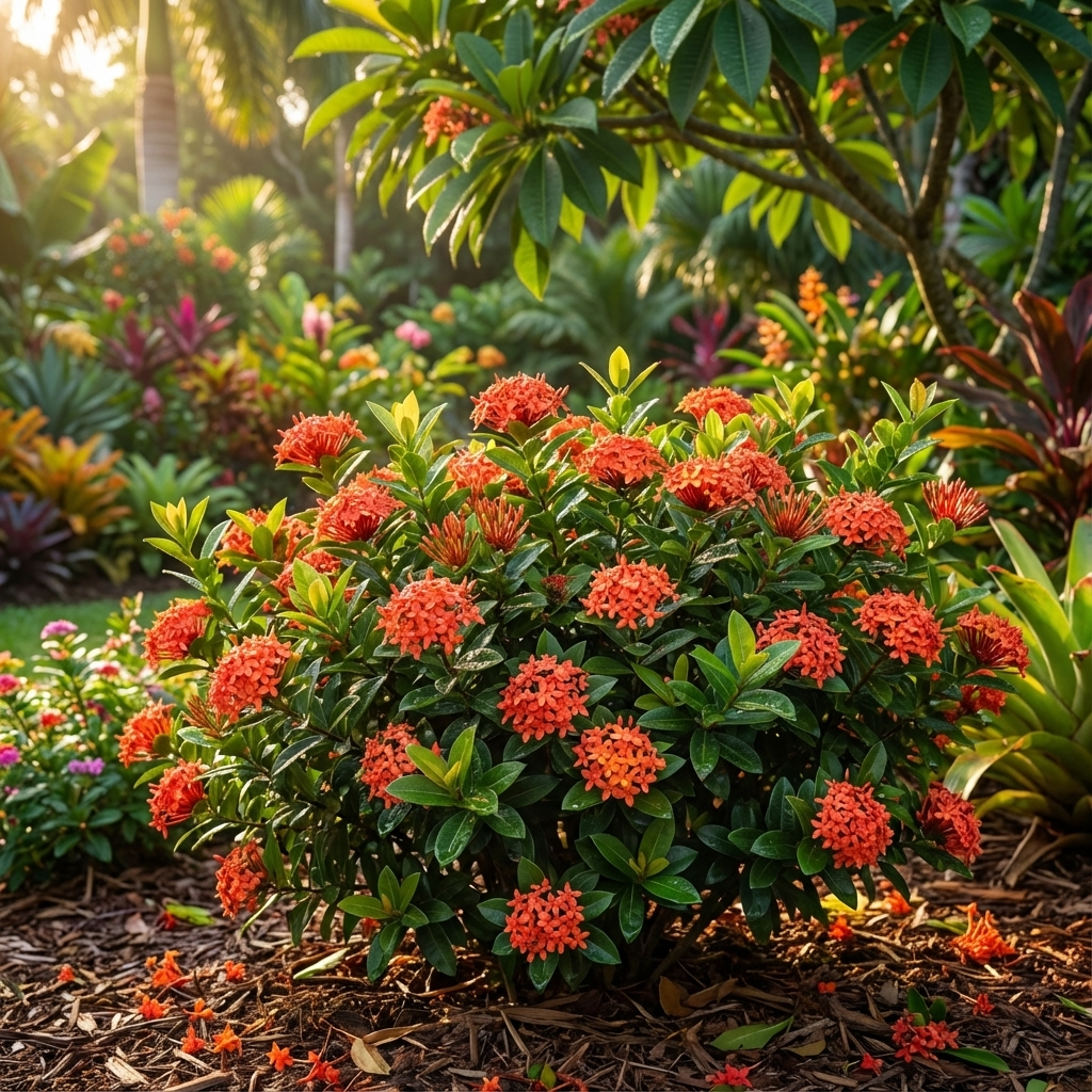 Ixora ‘Coral Malay’ (Ixora coccinea ‘Coral Malay’) is a tropical shrub with clusters of vivid orange and coral-pink blooms, brightening any sunlit garden.