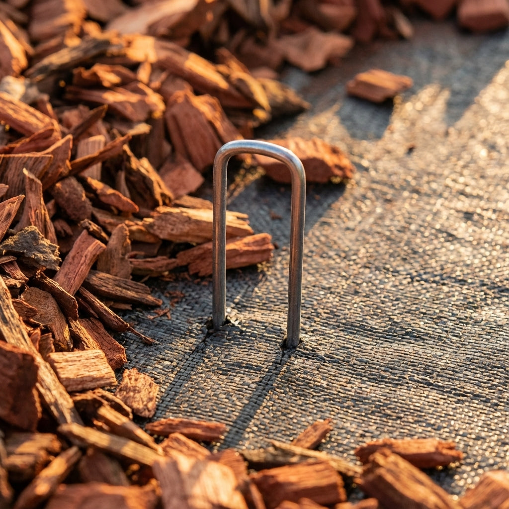 Close-up of a Jack Weed Mat Pin from the 20-pack, securing fabric amidst wood mulch in sunlight.
