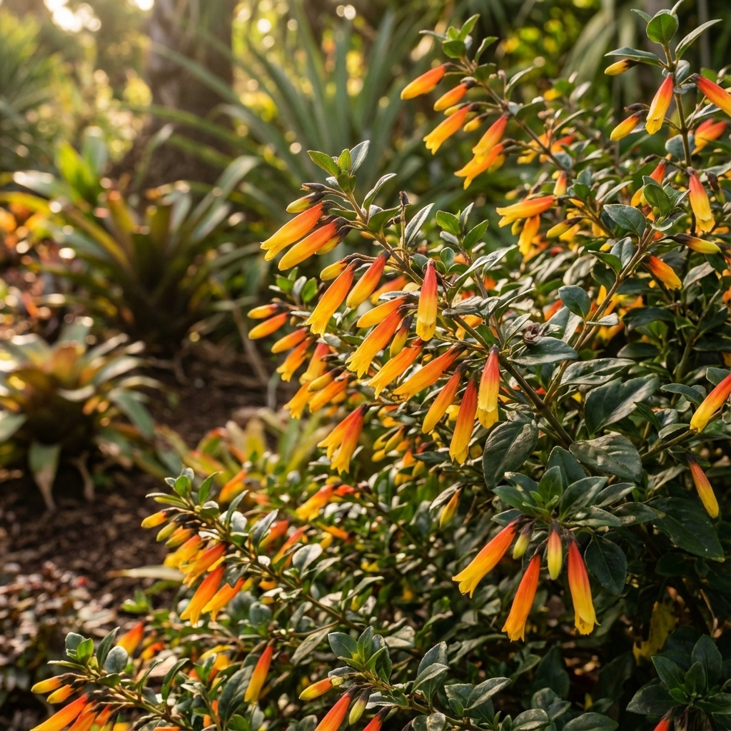 The Jacobinia Firefly - Justicia brasiliana features orange-yellow tubular flowers that bloom on a bush in a sunny garden, adding vibrant tropical color to lush green foliage.