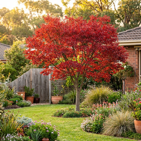 A Japanese Elm (Zelkova serrata) with vibrant red leaves stands in a well-kept garden next to a brick house on a sunny day.