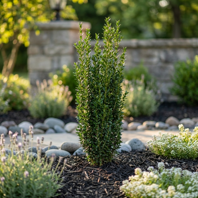 A Japanese Holly - Ilex crenata ‘Sky Pencil’, a compact columnar evergreen shrub, stands surrounded by mulch, garden plants, rocks, and a stone wall in the background.