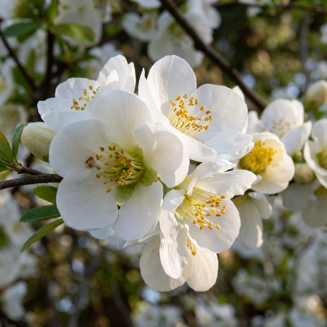 Close-up of Japanese Quince - Chaenomeles ‘Nivalis’, a white flowering shrub, showing delicate white blooms with yellow centers on branches among green leaves against a softly blurred background.