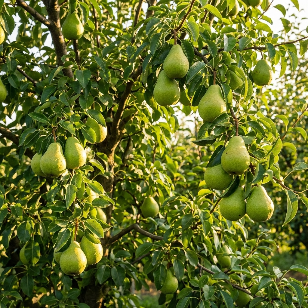Josephine Pear (Pyrus communis 'Josephine') fruits hang from branches of a lush tree with dense green leaves, bathed in sunlight.