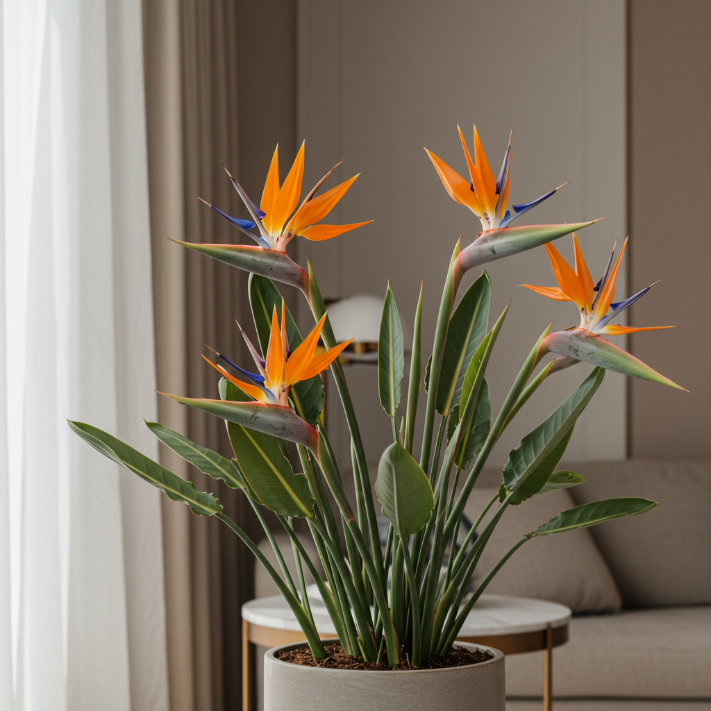 The Juncea Bird of Paradise (Strelitzia parvifolia var. juncea) features vivid orange and blue blooms in a pot, elegantly displayed near a window in a modern living room.