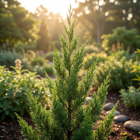 Juniper Keteleeri - Juniperus chinensis ‘Keteleeri’ is an upright evergreen, perfect for sunlit gardens and natural screening, offering year-round beauty and privacy among greenery and rocks.