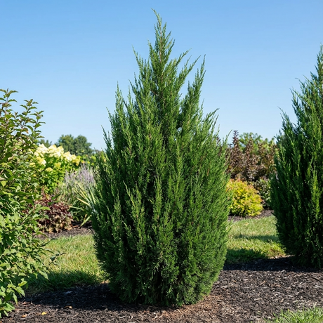 The Spartan Juniper - Juniperus 'Spartan' features tall, dense green foliage and creates a striking evergreen hedge, perfect for adding year-round interest to any sunny landscaped garden.