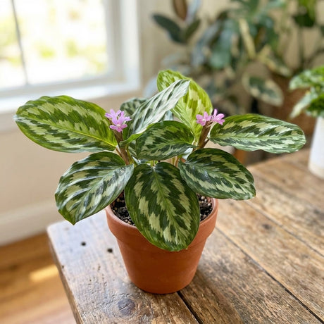 A Kaempferia elegans ‘Silver Spot’ (Kaempferia elegans), a shade-loving miniature ginger with patterned green leaves and purple flowers, sits on a wooden table by a bright window.