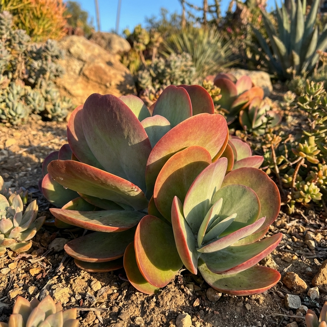 A close-up of the low-maintenance Kalanchoe ‘Bronze Sculpture’ (Kalanchoe spp.), showing its red-edged leaves thriving in a sunny, rocky garden.