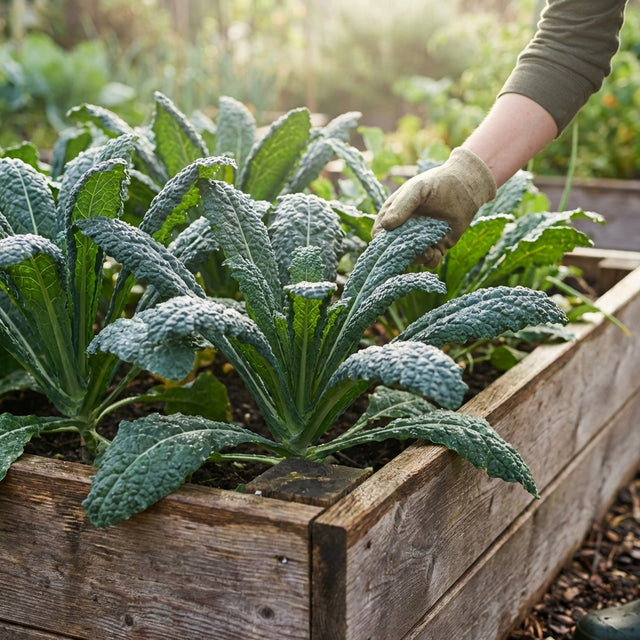 A gloved hand tends to cold-hardy Kale - Black Toscana (Brassica oleracea acephala) thriving in a raised wooden garden bed outdoors.