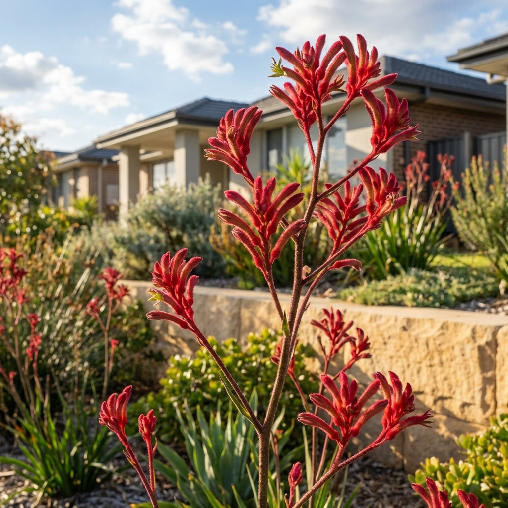 Kangaroo Paw - Anigozanthos ‘Bush Princess’ with pink blooms brightens a landscaped garden, providing vibrant color in front of modern houses on a sunny day.