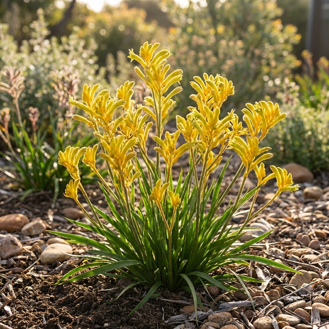 Kangaroo Paw - Anigozanthos ‘Bush Zest’ brightens gardens with striking lime-yellow blooms. Drought tolerant and hardy, it thrives in sunny spots, adding vibrant color among rocks and greenery to any landscape.