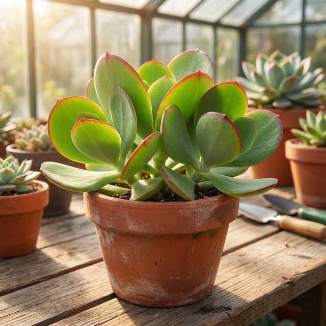 Kermit Pig’s Ear - Cotyledon orbiculata macrantha 'Kermit', a drought-tolerant succulent, is displayed in a terracotta pot on a wooden table in a sunlit greenhouse.