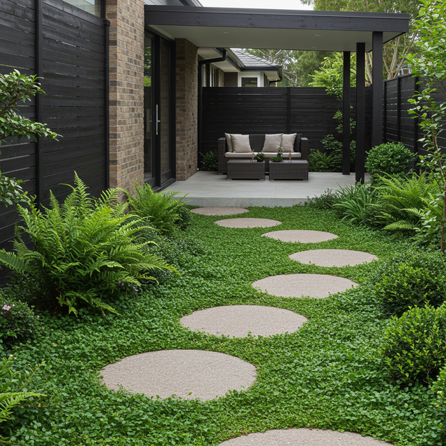 Stepping stones on lush Kidney Weed - Dichondra repens create a path to a patio with chairs and a table under a modern pergola—an inviting alternative to traditional lawns.