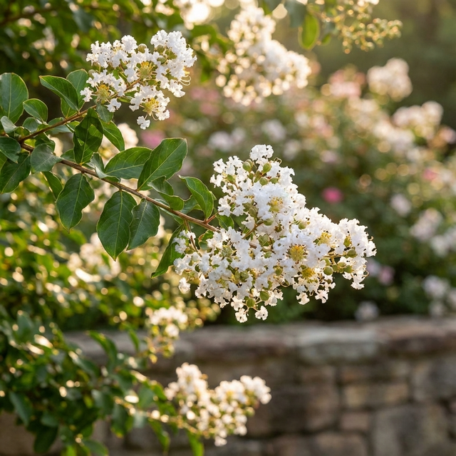 With clusters of small white flowers and green leaves, the disease-resistant Kiowa Crepe Myrtle (Lagerstroemia fauriei ‘Kiowa’) stands out against a stone wall in the sunlight.