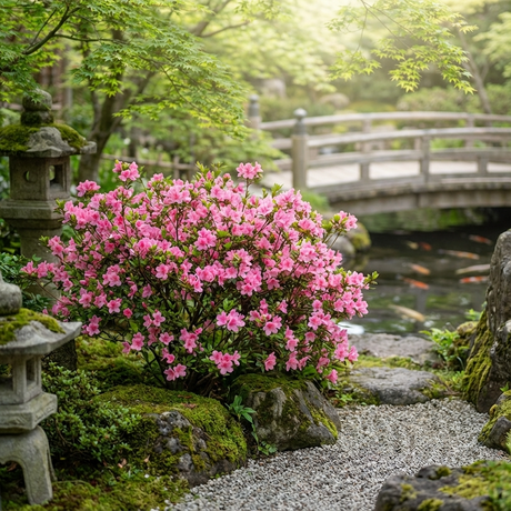 A shade-tolerant Kirin Azalea - Azalea kurume 'Kirin' blooms in a peaceful Japanese garden, beautifully complemented by a stone lantern and an arched wooden bridge over a tranquil pond.