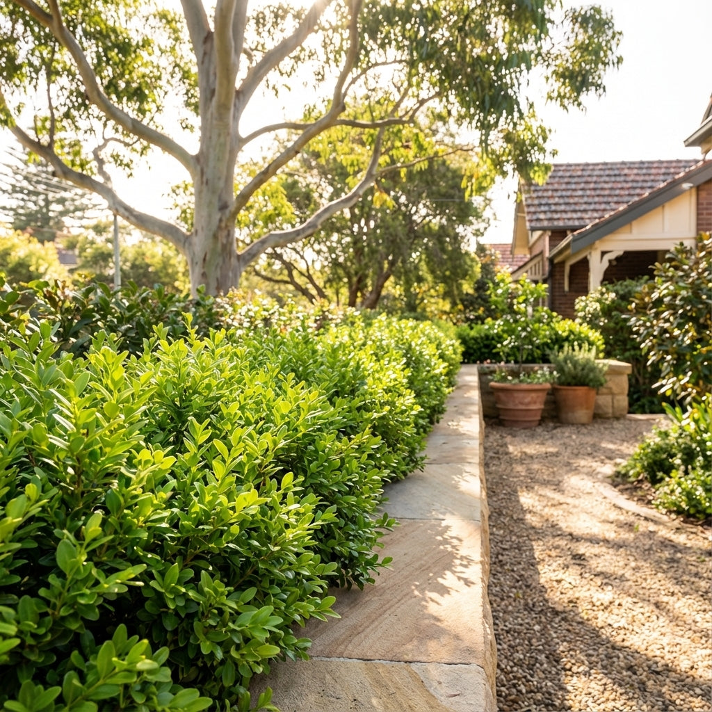 A sunny garden with lush green shrubs like Korean Box - Buxus microphylla for low hedging, a stone wall, gravel path, potted plants, and a house in the background.