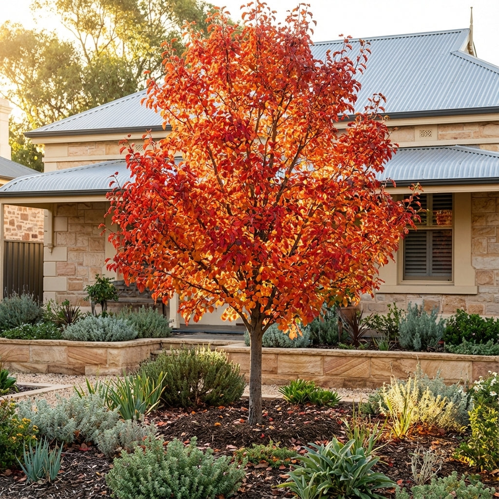 A Korean Sun Pear (Pyrus fauriei 'Westwood Korean Sun') with beautiful autumn colour stands before a stone house and garden.
