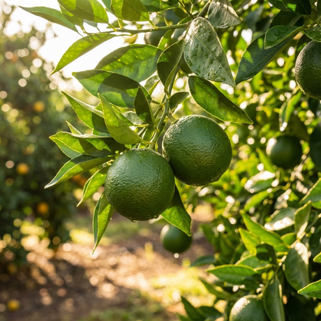 Unripe green kumquats hanging on a Fortunella japonica (Kumquat Tree) branch in a sunlit orchard, perfect for edible landscaping.