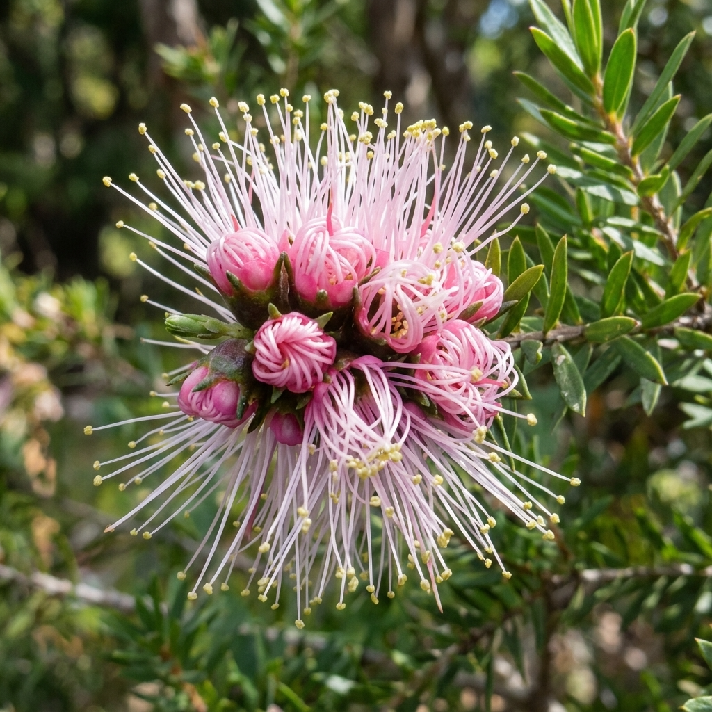 Close-up of the Pink Scarlet Kunzea - Kunzea baxteri ‘Pink’, showing its long pink stamens and green leaves, a striking feature of this native shrub.