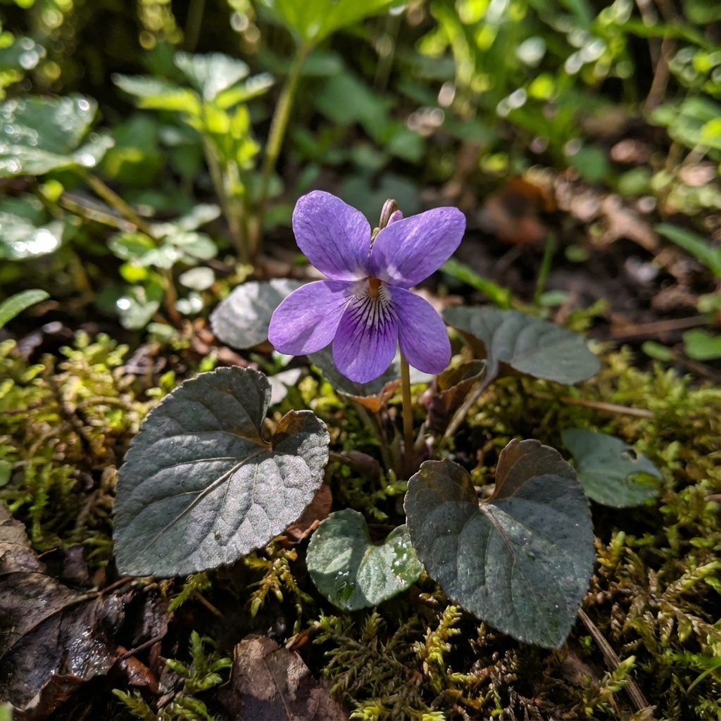 Labrador Violet - Viola labradorica, with heart-shaped leaves and delicate flowers, thrives in mossy, sun-dappled spots. This shade-tolerant ground cover adds beauty and greenery to your garden.