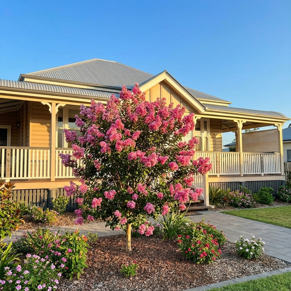 Yellow house with a large porch and front garden featuring a compact Sioux Crepe Myrtle (Lagerstroemia indica ‘Sioux’) bursting with coral-pink flowers, all beneath a clear blue sky.