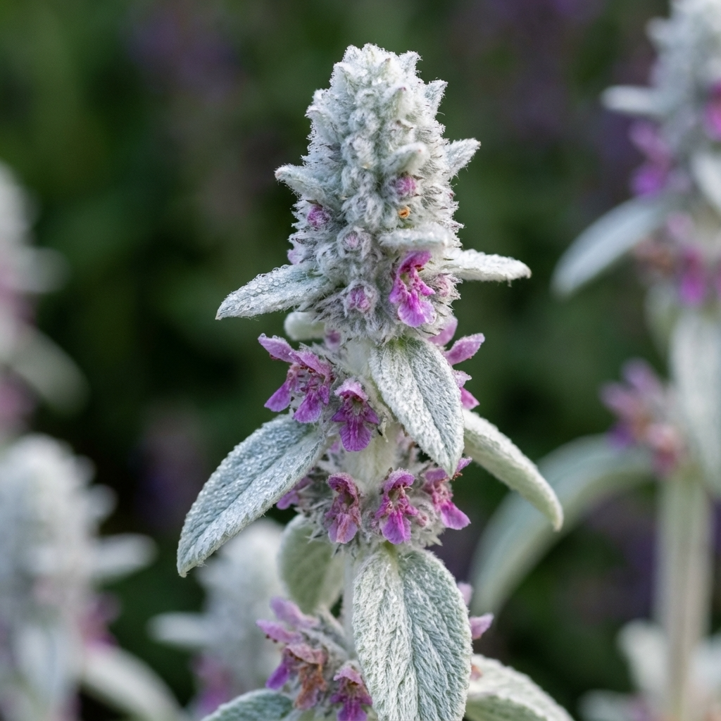 A close-up of Lamb’s Ear - Stachys lanata, a drought-tolerant groundcover with fuzzy silver-green leaves and small purple flowers, set against a blurred background.
