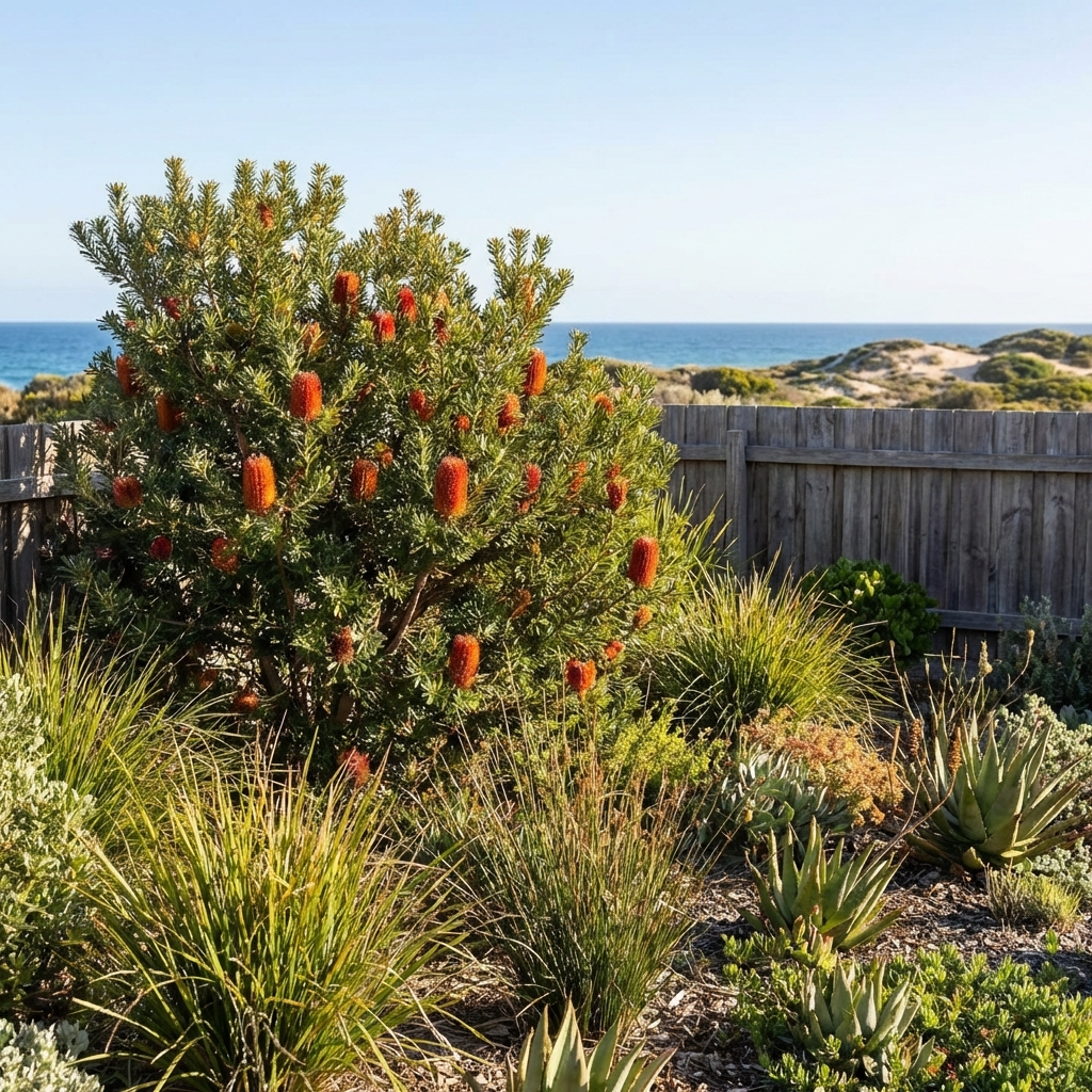 Native Australian garden with drought-tolerant Lantern Banksia (Banksia ericifolia), bird-attracting natives, coastal sand dunes, and ocean views in the background.