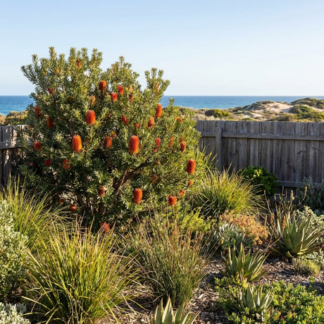 Native Australian garden with drought-tolerant Lantern Banksia (Banksia ericifolia), bird-attracting natives, coastal sand dunes, and ocean views in the background.