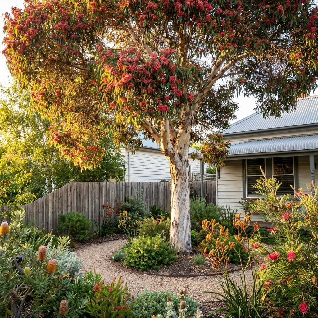 A native Australian garden featuring Large Fruited Yellow Gum (Eucalyptus leucoxylon ‘Megalocarpa’), lush shrubs, and a gravel path adorning the front of a house.