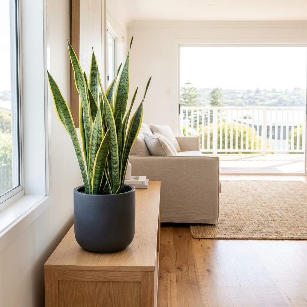 A Laurentii Snake Plant - Sansevieria trifasciata 'Laurentii' in a gray pot rests on a wooden table in a bright, modern living room—an easy-care, air-purifying plant ideal for contemporary spaces.
