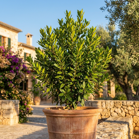Baby Bay Laurel (Laurus nobilis 'Baby Bay') with fresh green leaves in a pot on a stone patio, house and garden in the background.